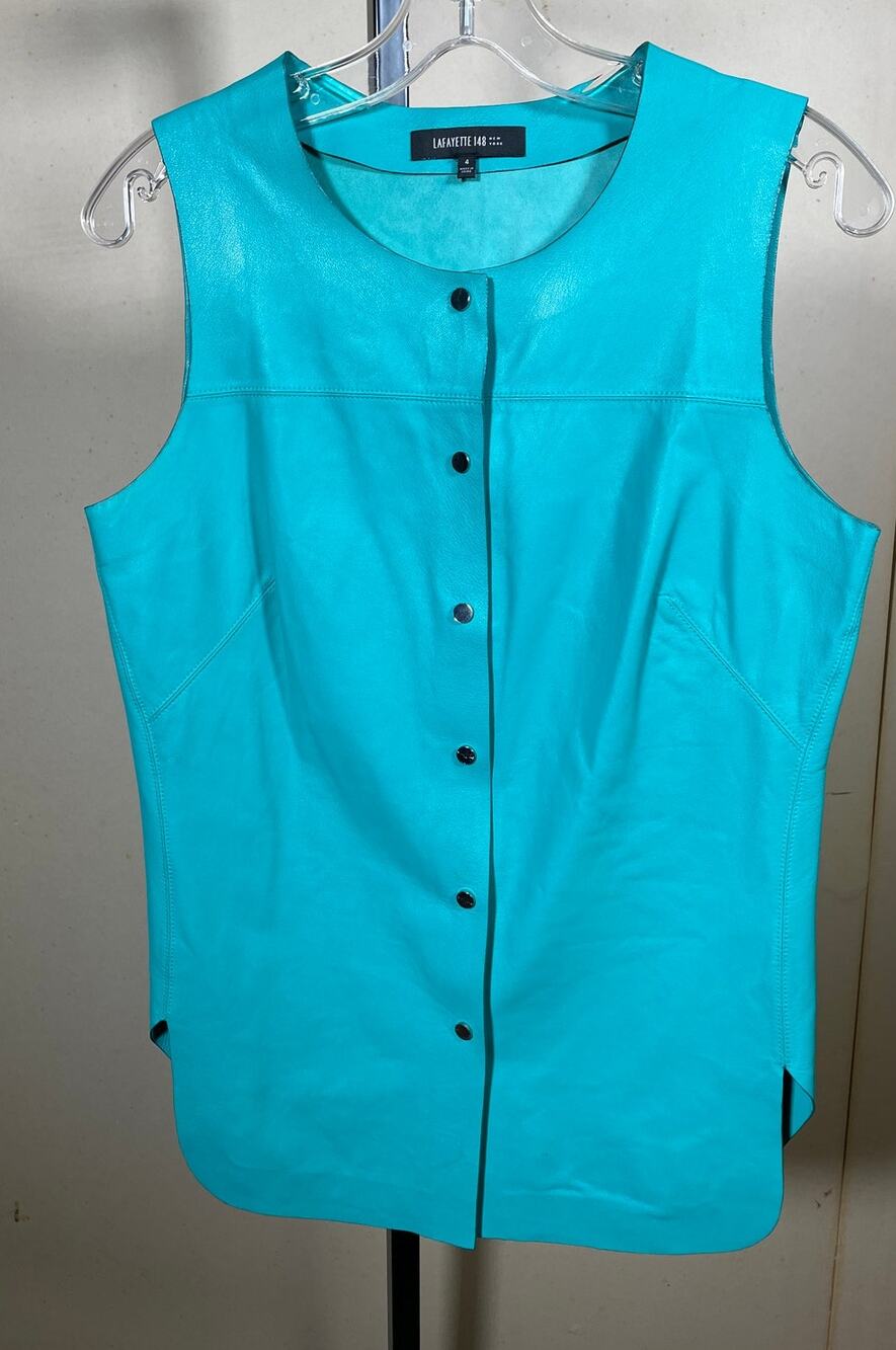 Lafayette 148 Green 100% Leather Snap Vest Size 4